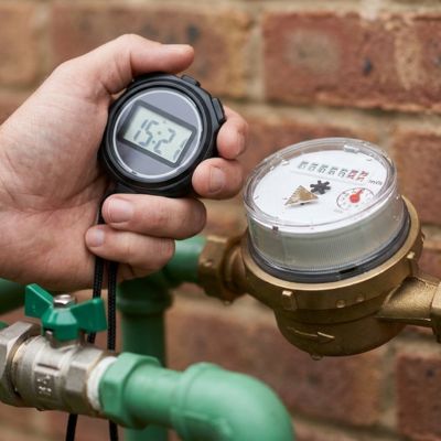 Plumber performing a water meter leak test for a Kenwood Heights home in Rowlett