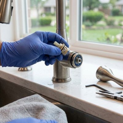 Faucet leak repair rowlett. Plumber repairing a leaking kitchen faucet cartridge in Kenwood Heights, Rowlett