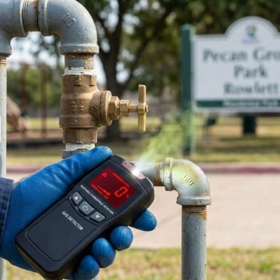 Gas Leak Detection Rowlett Tx. Technician using a combustible gas detector near Pecan Grove Park in Rowlett, Texas