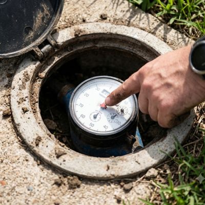 A hand points to a small, contrasting red triangle leak indicator dial on a residential water meter, located in a ground concrete box, for leak detection Mesquite, Texas.
