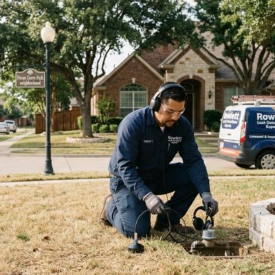 Rowlett leak detection technician inspecting a home near Pecan Grove Park