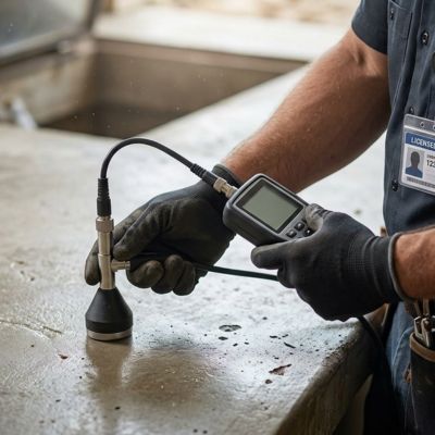 A close-up view of a licensed plumber's hand, wearing a work glove and carrying a visible plumbing license ID card, using a specialized acoustic microphone sensor probe on a concrete surface for non-invasive leak detection in a residential Mesquite, Texas home.