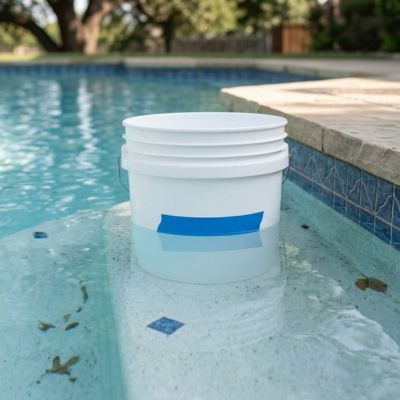A professional pool leak detection Sachse service performs a bucket test on a residential pool step to measure water loss.