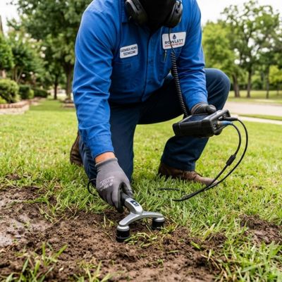 Underground leak detection Rowlett technician working in a yard near Pecan Grove Park in Rowlett