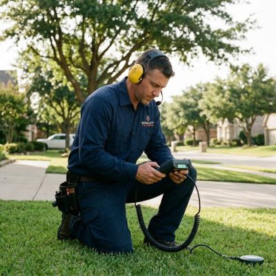 Waterline leak detection technician working in the Waterview community of Rowlett