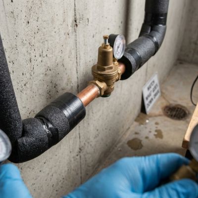 A closeup view of insulated pipes, a pressure regulator with gauges, and a water bill on a clipboard, illustrating proactive Wylie TX Leak Detection through preventative maintenance to avoid high water pressure stress and costly future repairs.