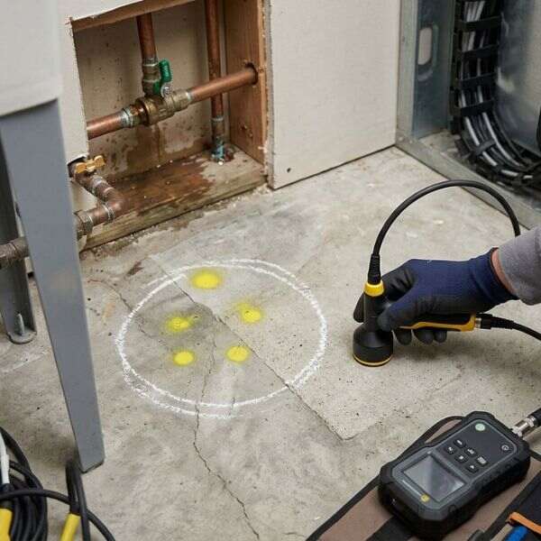 A professional technician uses acoustic equipment for water leak detection Mesquite, pinpointing a hidden leak behind a concrete wall with markings for repair.