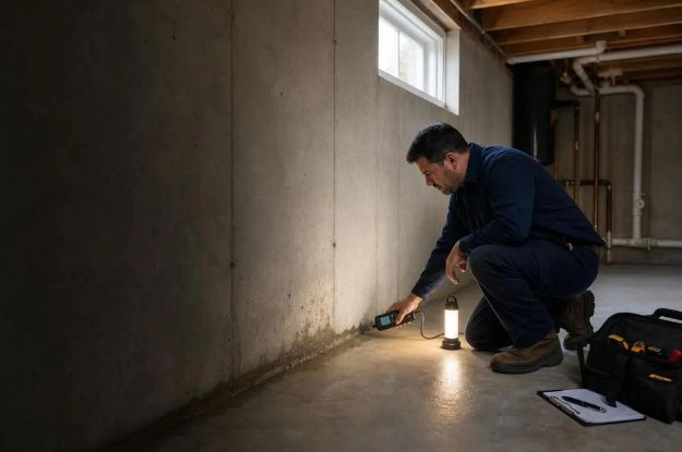 Professional inspector uses a moisture meter on a damp basement wall in Rowlett, TX. Identifying water intrusion sources. Location: Rowlett, United States