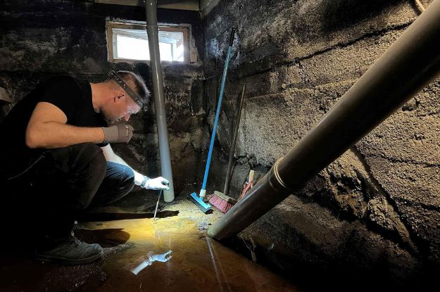 Foundation leak detection expert inspects pipes in a damp Rowlett basement, identifying potential water issues early. Expert service for your home. Location: Rowlett, United States