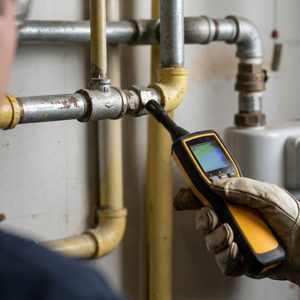 Gas Leak Detection Rowlett TX. A technician in work gloves using an electronic gas leak detector with a digital screen to probe a yellow gas pipe joint in a residential utility room. The image is a close-up, focusing on the tool and the piping, with a gas meter visible in the blurred background.