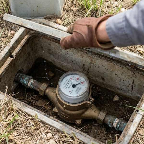 A gloved hand lifts a metal meter box cover from the ground to reveal a residential water meter. This is an initial step in checking for plumbing issues and performing leak detection in Mesquite, TX.