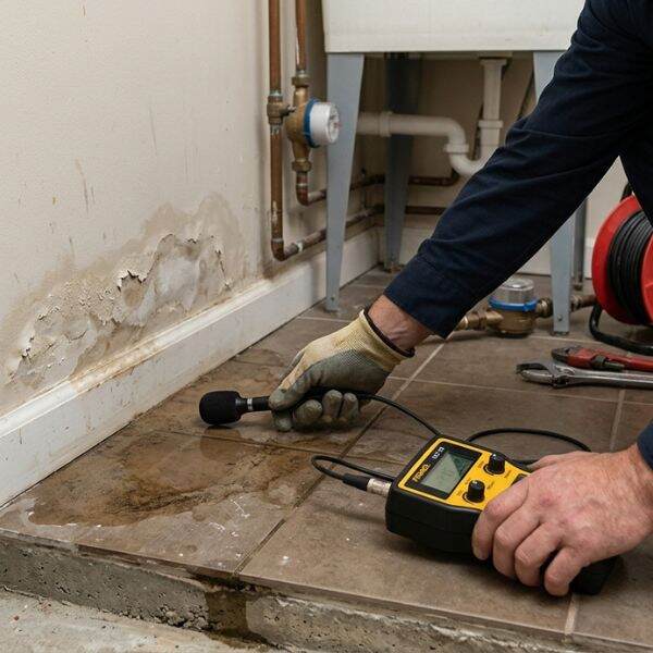 A professional plumber uses advanced acoustic equipment for precision water leak detection in Garland, TX, identifying hidden pipe issues behind a damaged wall.