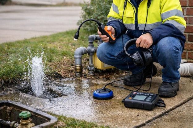 Plumbing Line Testing professional in Rowlett, US, using advanced equipment to detect a water pipe leak. Prompt service for emergencies. Location: Rowlett, United States
