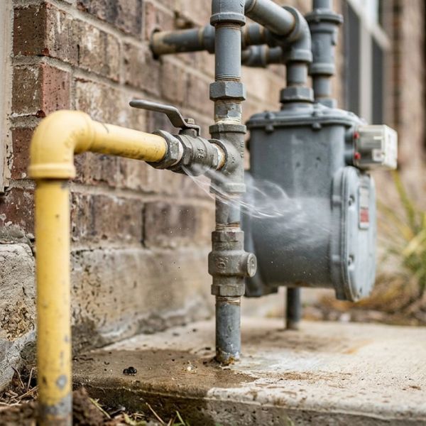 Residential natural gas leak shown on residential piping next to a gas meter.