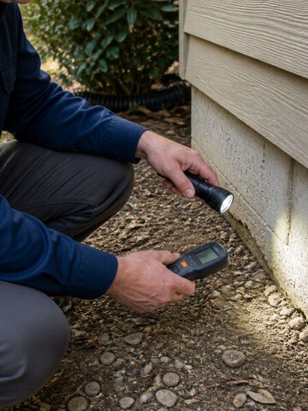 Rowlett leak detection specialist examining a home's foundation edge for signs of a hidden leak