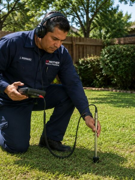 Rowlett leak detection technician using a ground microphone to find an underground leak in a backyard