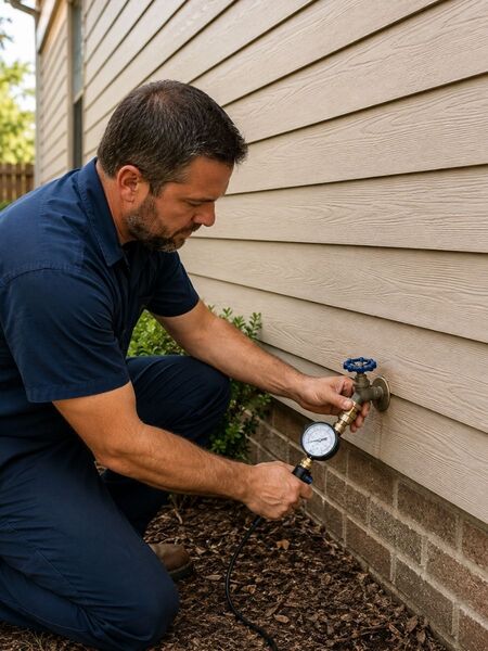 Rowlett leak detection professional testing a water line valve connection outside a home