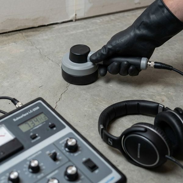 Professional technician performing acoustic slab leak detection on a concrete foundation in a Rowlett, TX home.