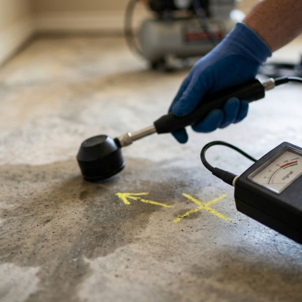 Professional leak detection technician using acoustic equipment to locate a water leak under a concrete slab foundation in a Rowlett, TX home.