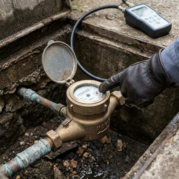 A professional technician with specialized equipment examines a water meter for leak detection Garland.