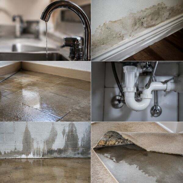 Water leak detection Rowlett warning signs including damp floors, water stains, and meter movement
